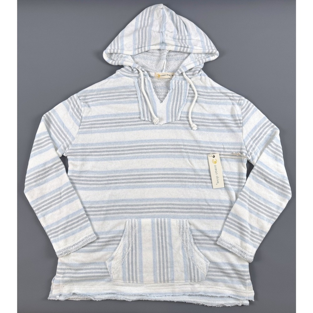 Ocean Drive Striped Terry Beach Hoodie Blue White XL